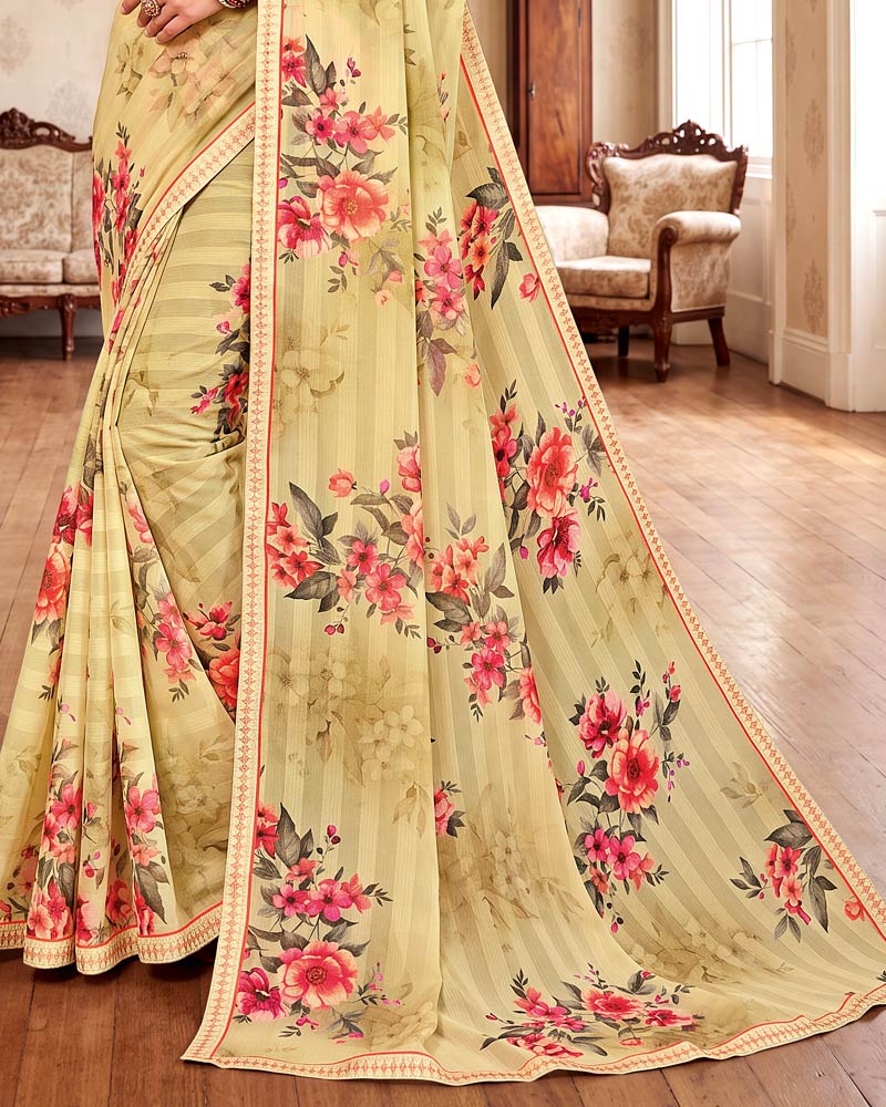 Vishal Prints Light Yellow-Brown Digital Print Chiffon Saree With Fancy Border