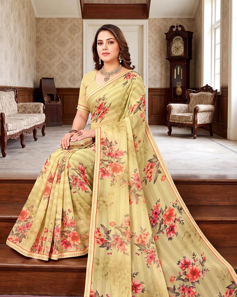 Vishal Prints Light Yellow-Brown Digital Print Chiffon Saree With Fancy Border
