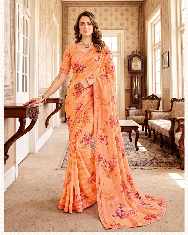 Vishal Prints Peachy Orange Digital Print Chiffon Saree With Fancy Border