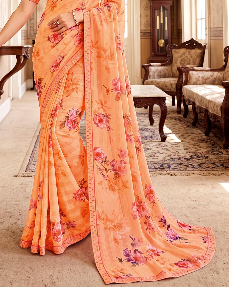 Vishal Prints Peachy Orange Digital Print Chiffon Saree With Fancy Border
