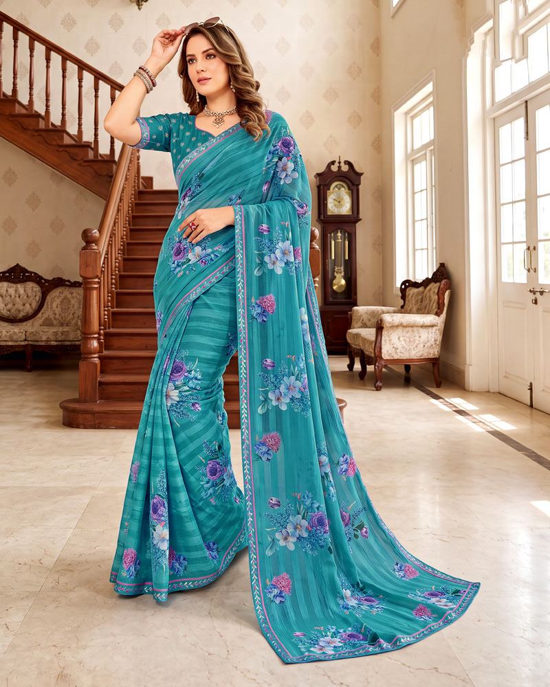 Vishal Prints Teal Blue Digital Print Chiffon Saree With Fancy Border