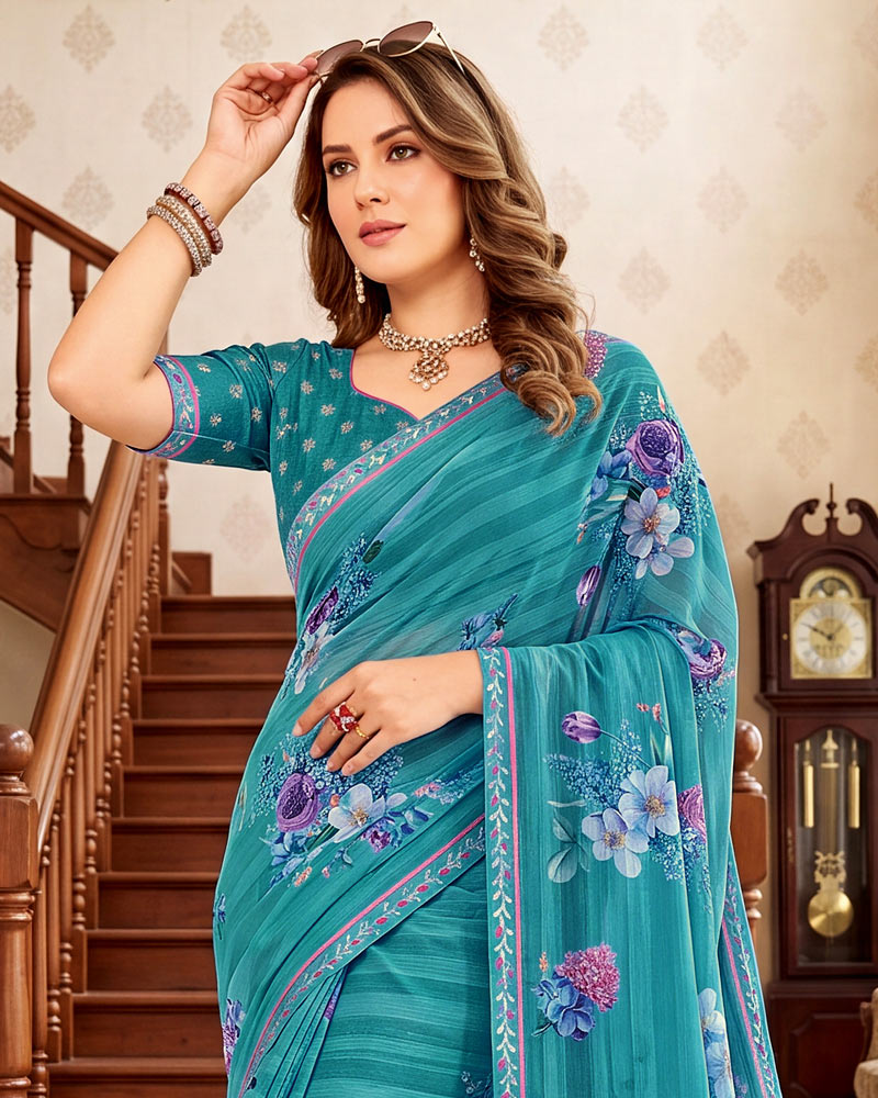 Vishal Prints Teal Blue Digital Print Chiffon Saree With Fancy Border