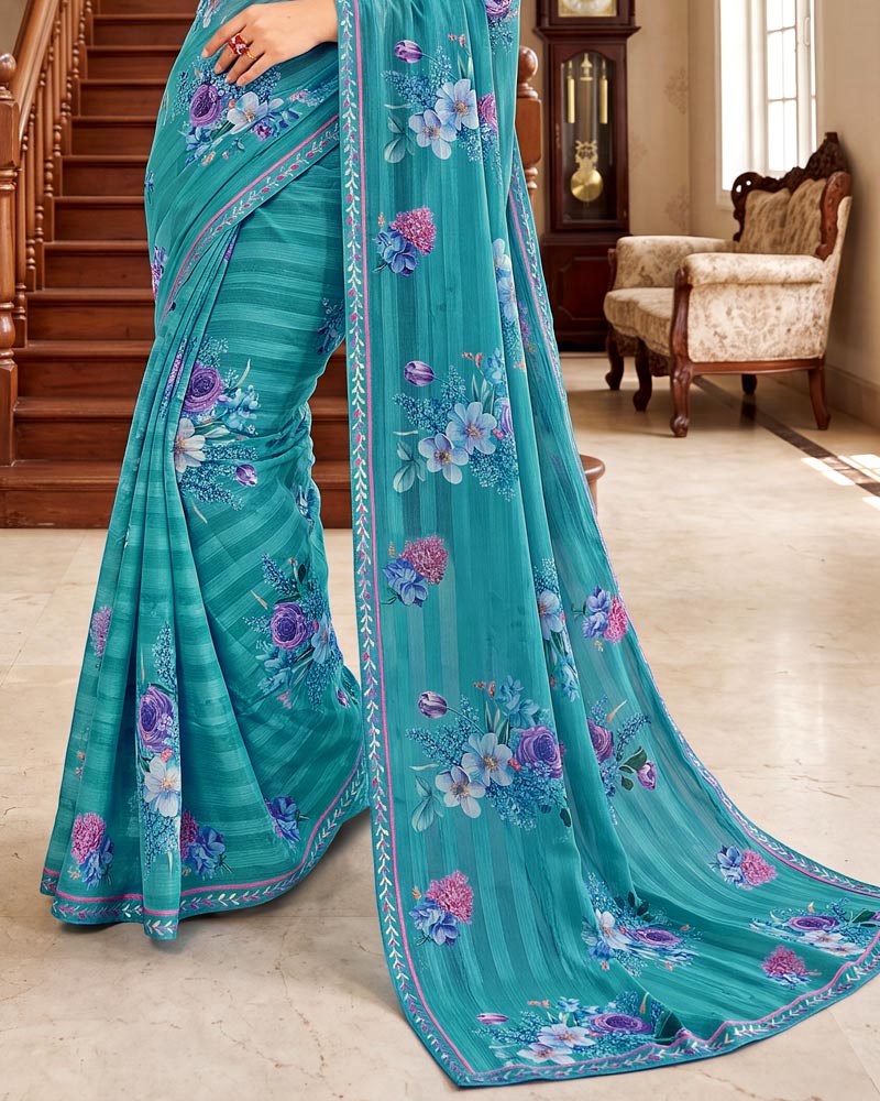 Vishal Prints Teal Blue Digital Print Chiffon Saree With Fancy Border