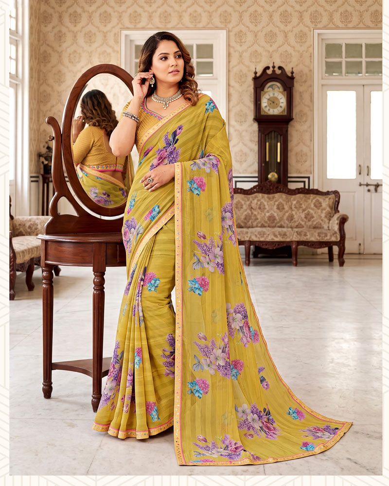 Vishal Prints Light Mustard Brown Digital Print Chiffon Saree With Fancy Border