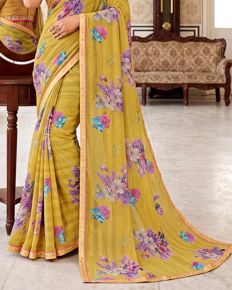 Vishal Prints Light Mustard Brown Digital Print Chiffon Saree With Fancy Border