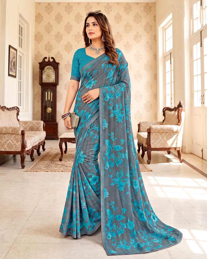 Vishal Prints Smokey Grey Digital Print Chiffon Saree With Fancy Border