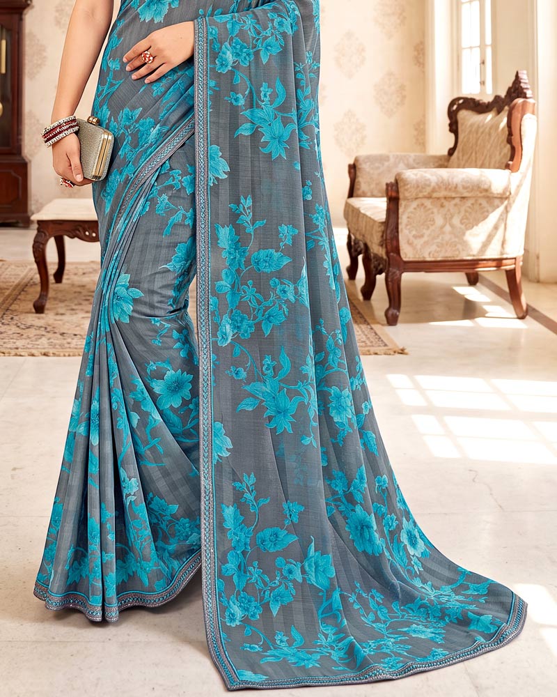 Vishal Prints Smokey Grey Digital Print Chiffon Saree With Fancy Border