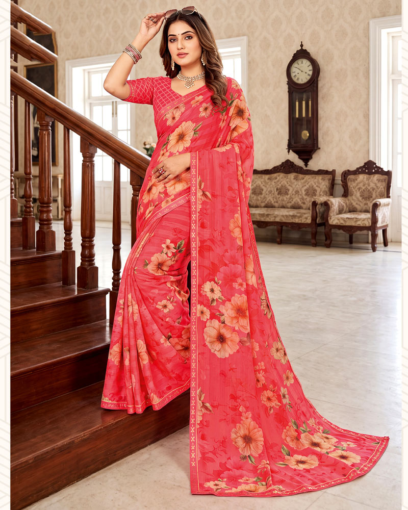 Vishal Prints Pastel Red Pink Digital Print Chiffon Saree With Fancy Border