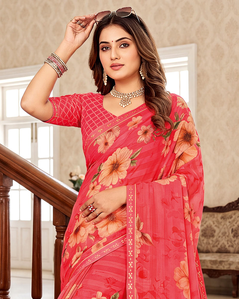 Vishal Prints Pastel Red Pink Digital Print Chiffon Saree With Fancy Border
