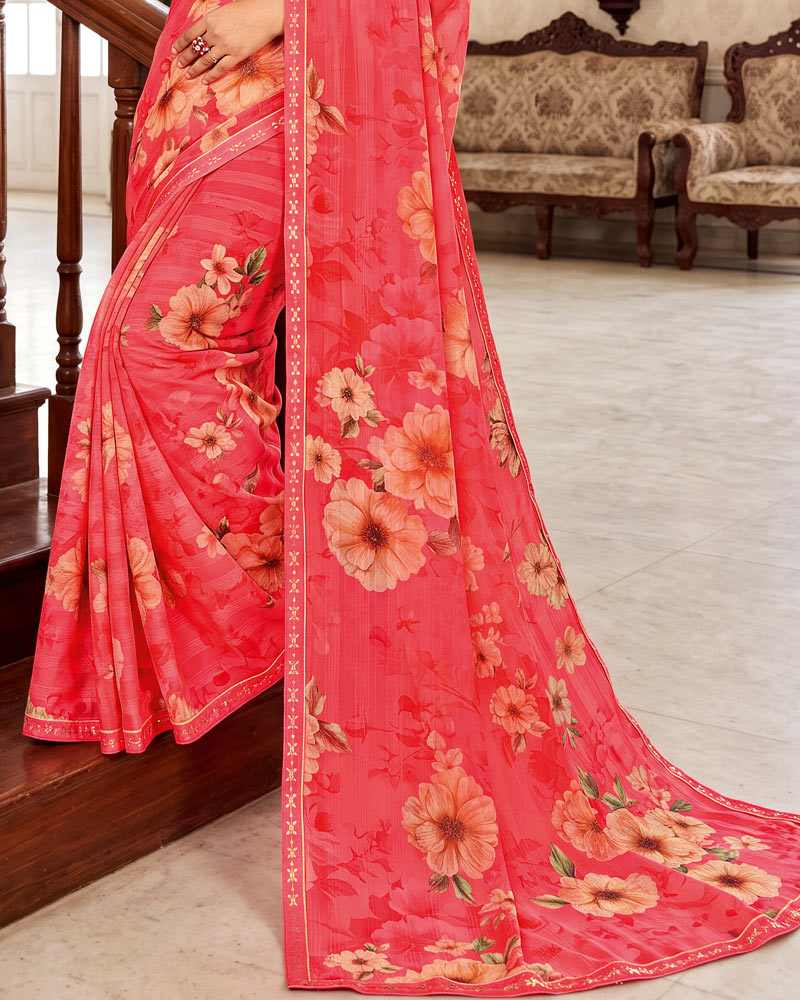 Vishal Prints Pastel Red Pink Digital Print Chiffon Saree With Fancy Border