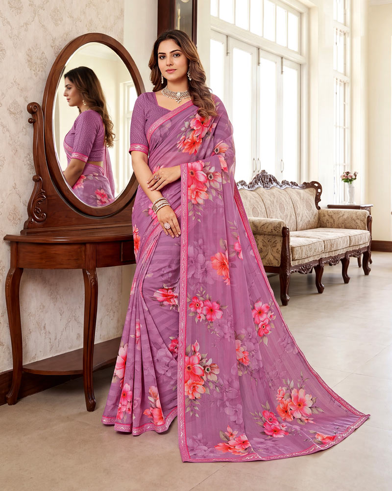 Vishal Prints Light Plum Digital Print Chiffon Saree With Fancy Border