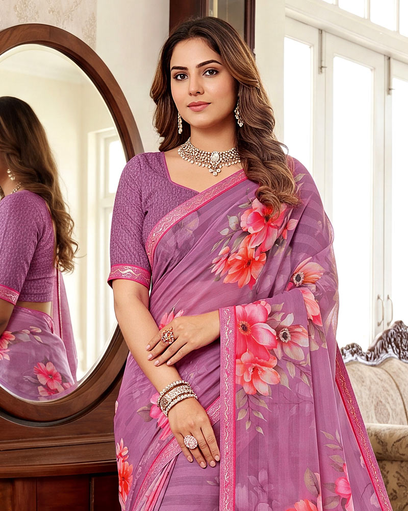 Vishal Prints Light Plum Digital Print Chiffon Saree With Fancy Border