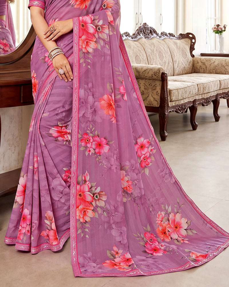 Vishal Prints Light Plum Digital Print Chiffon Saree With Fancy Border