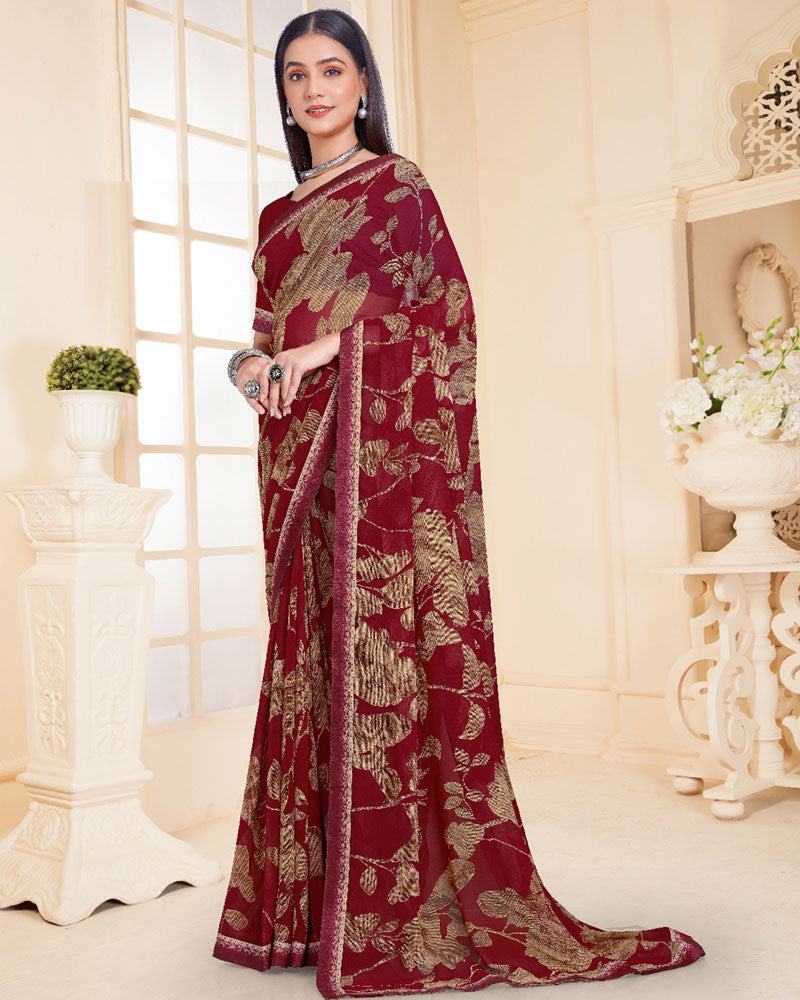 Vishal Prints Dark Maroon Printed Georgette Saree With Fancy Border