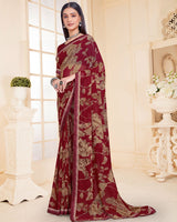 Vishal Prints Dark Maroon Printed Georgette Saree With Fancy Border