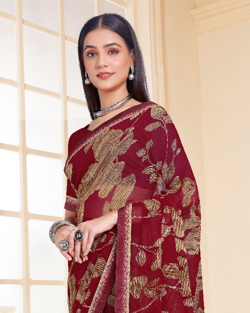 Vishal Prints Dark Maroon Printed Georgette Saree With Fancy Border