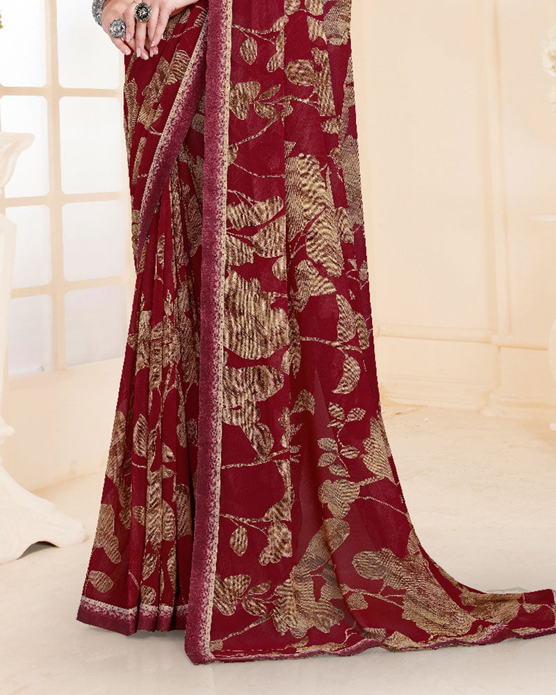Vishal Prints Dark Maroon Printed Georgette Saree With Fancy Border