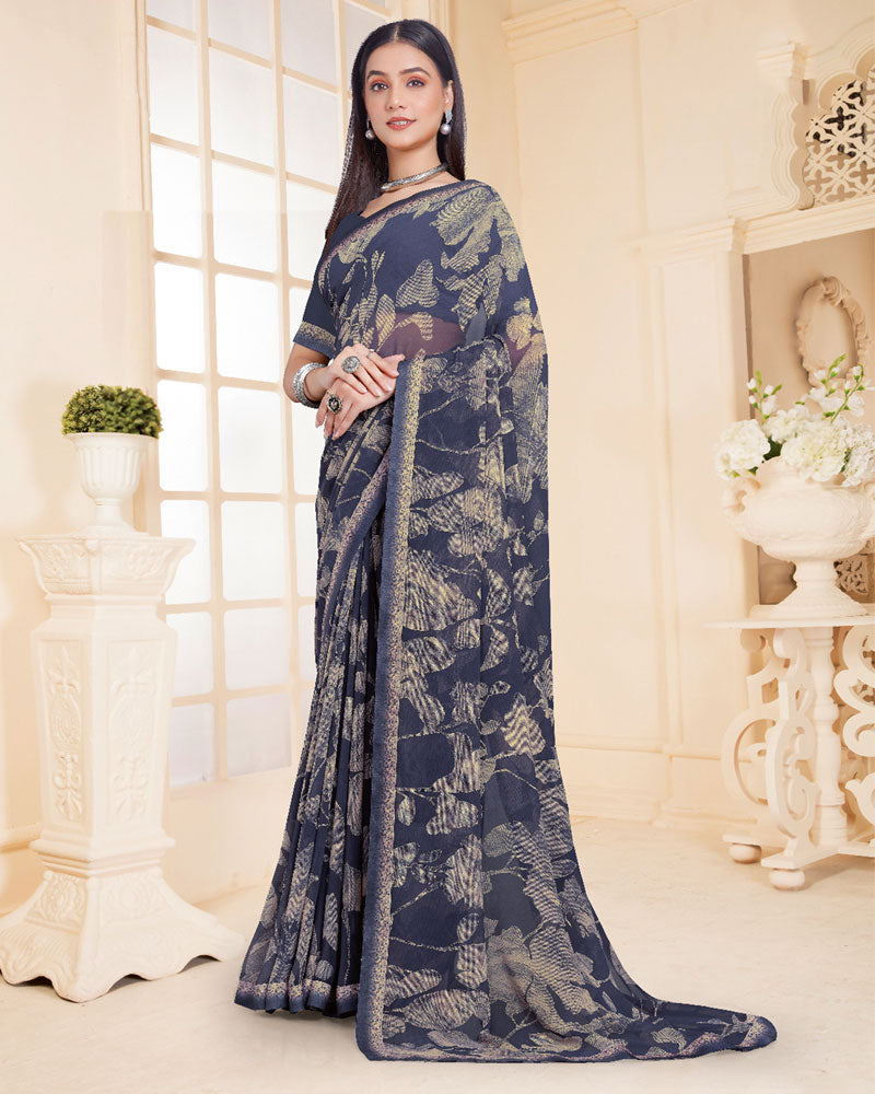 Vishal Prints Bright Grey Printed Georgette Saree With Fancy Border