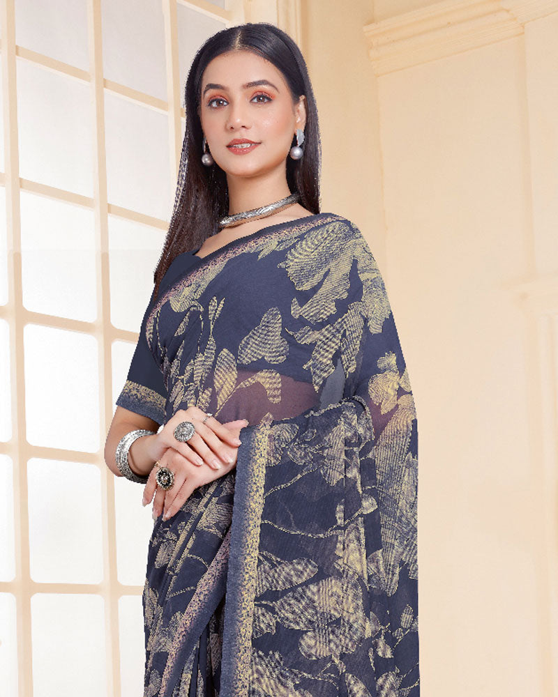 Vishal Prints Bright Grey Printed Georgette Saree With Fancy Border