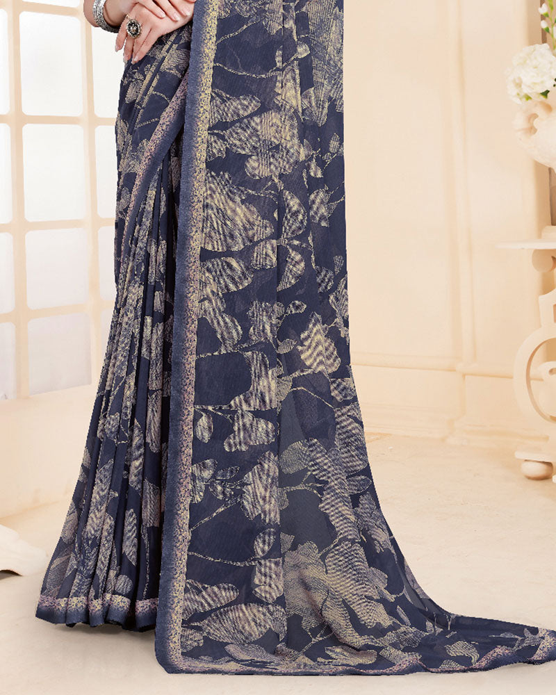 Vishal Prints Bright Grey Printed Georgette Saree With Fancy Border