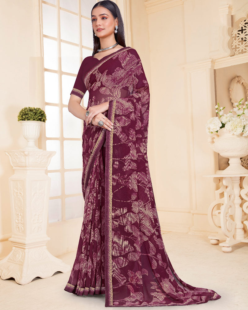 Vishal Prints Wine Berry Printed Georgette Saree With Fancy Border