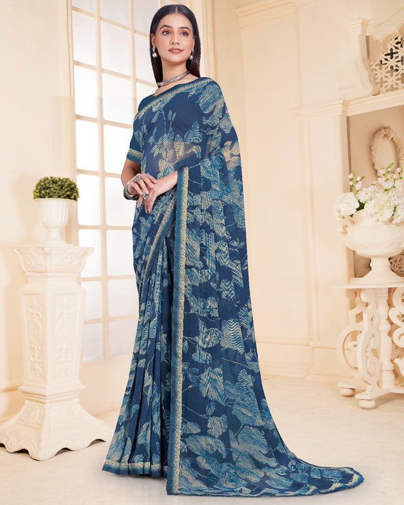 Vishal Prints Dark Bluish Grey Printed Georgette Saree With Fancy Border