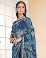 Vishal Prints Dark Bluish Grey Printed Georgette Saree With Fancy Border