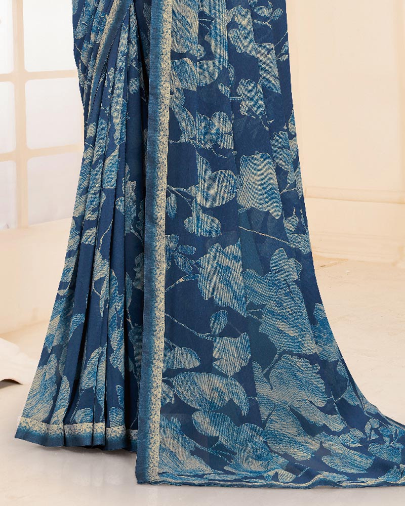 Vishal Prints Dark Bluish Grey Printed Georgette Saree With Fancy Border
