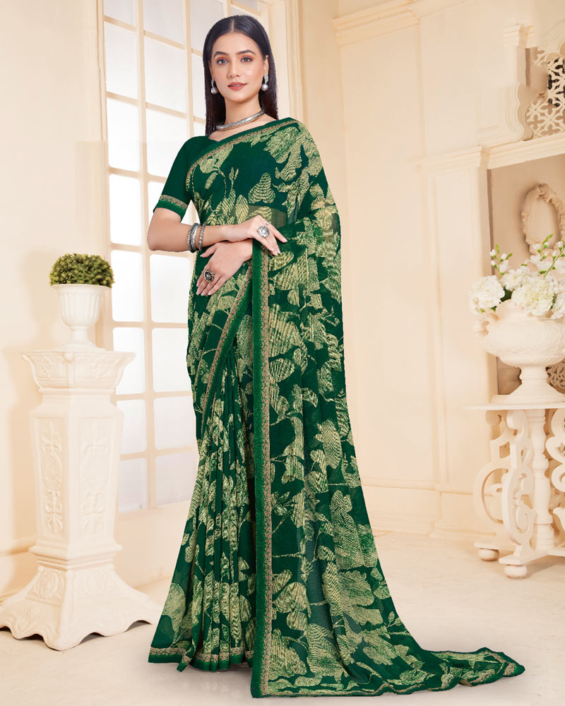 Vishal Prints Dark Green Printed Georgette Saree With Fancy Border