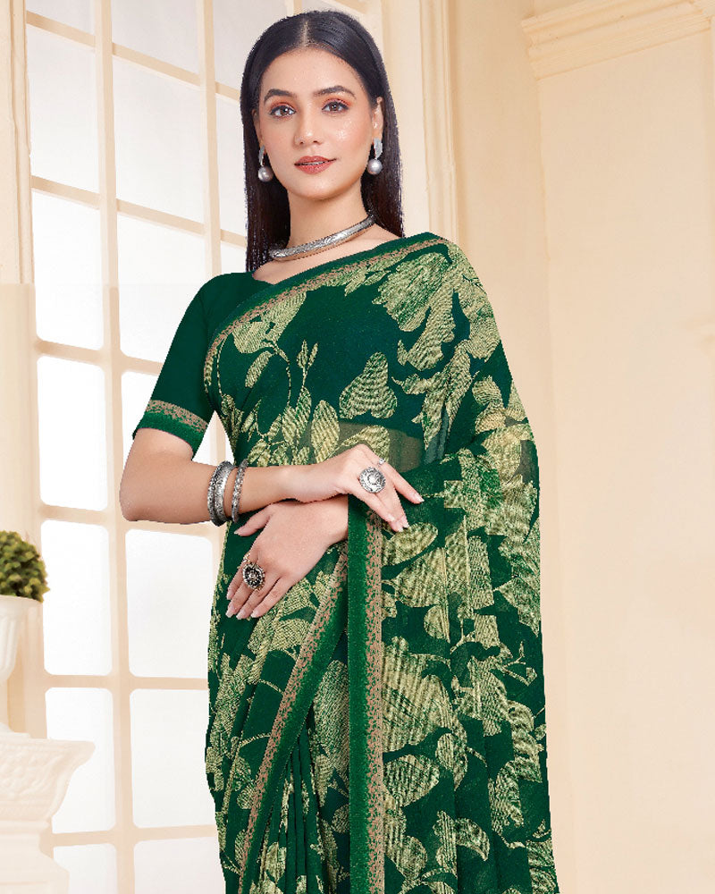 Vishal Prints Dark Green Printed Georgette Saree With Fancy Border