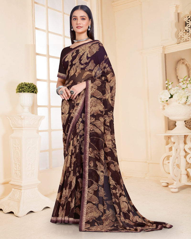 Vishal Prints Dark Coffee Brown Printed Georgette Saree With Fancy Border