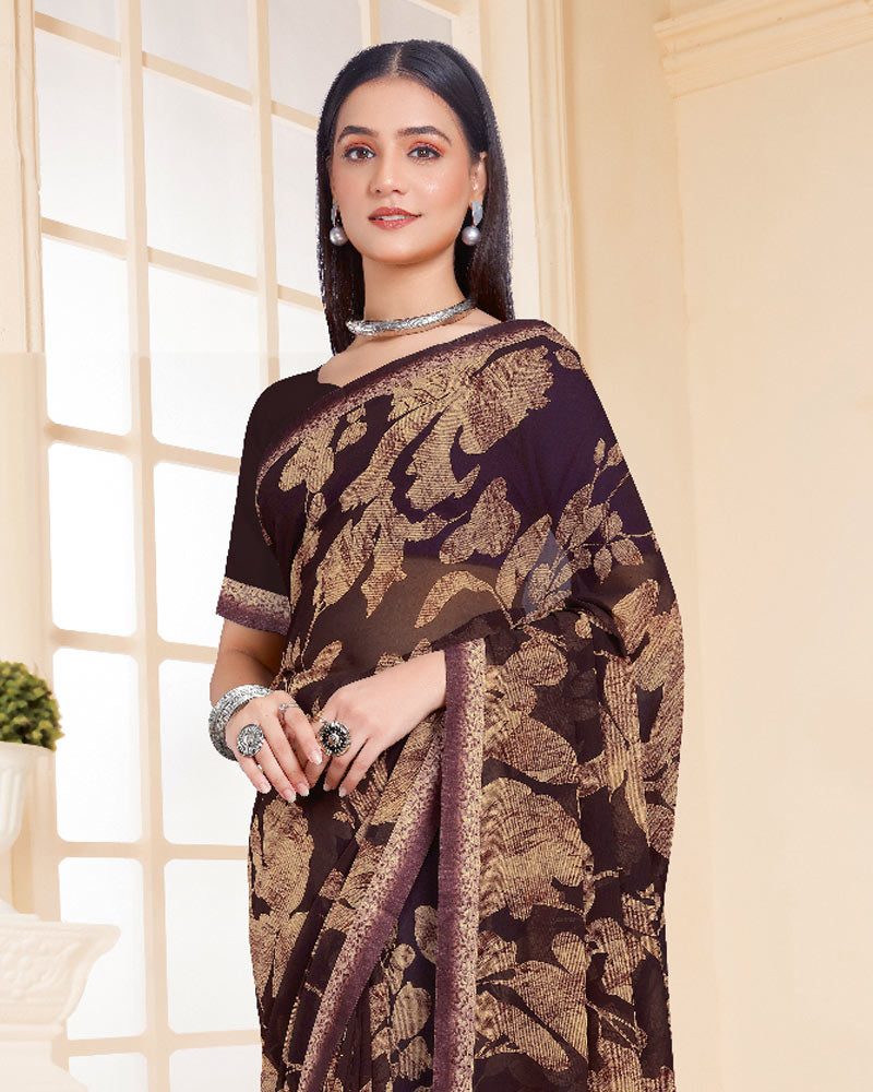 Vishal Prints Dark Coffee Brown Printed Georgette Saree With Fancy Border