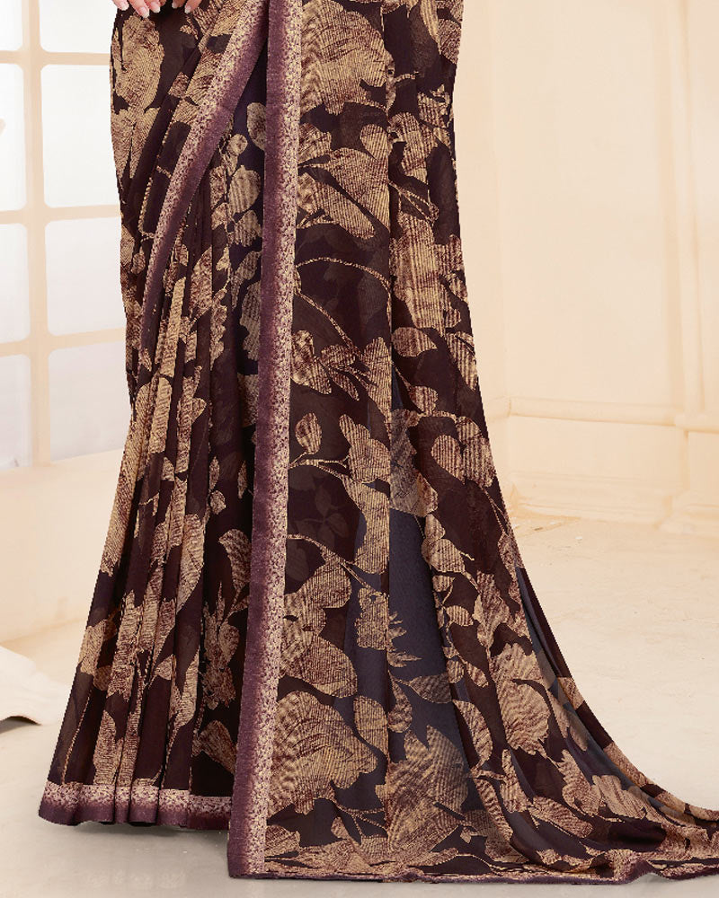 Vishal Prints Dark Coffee Brown Printed Georgette Saree With Fancy Border