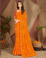 Vishal Prints Orange Printed Georgette Saree With Zari Border