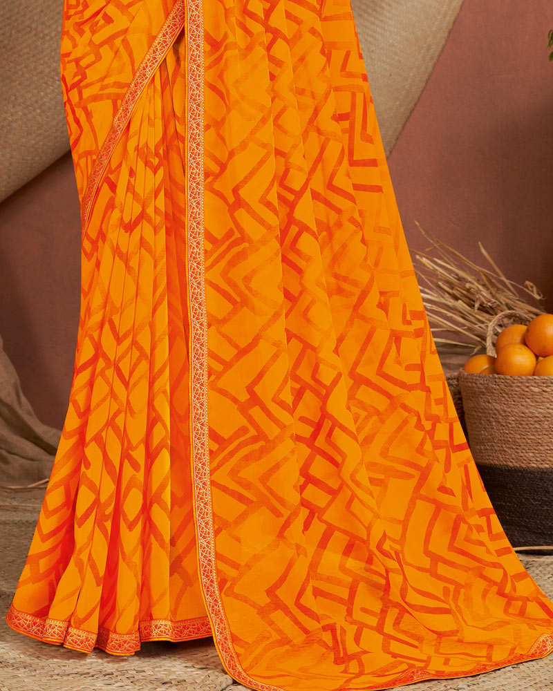 Vishal Prints Orange Printed Georgette Saree With Zari Border