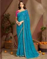 Vishal Prints Dark Sky Blue Printed Georgette Saree With Zari Border