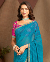 Vishal Prints Dark Sky Blue Printed Georgette Saree With Zari Border