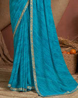 Vishal Prints Dark Sky Blue Printed Georgette Saree With Zari Border