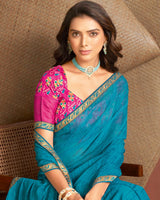 Vishal Prints Dark Sky Blue Printed Georgette Saree With Zari Border