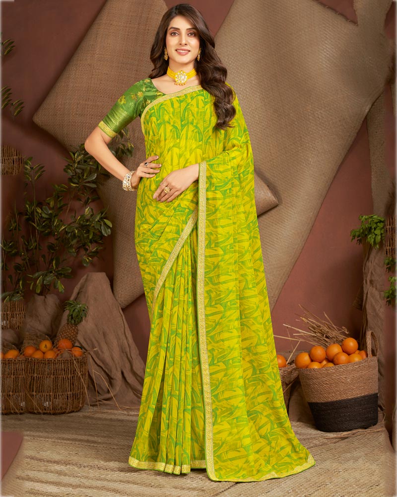 Vishal Prints Olive Yellow Printed Georgette Saree With Zari Border
