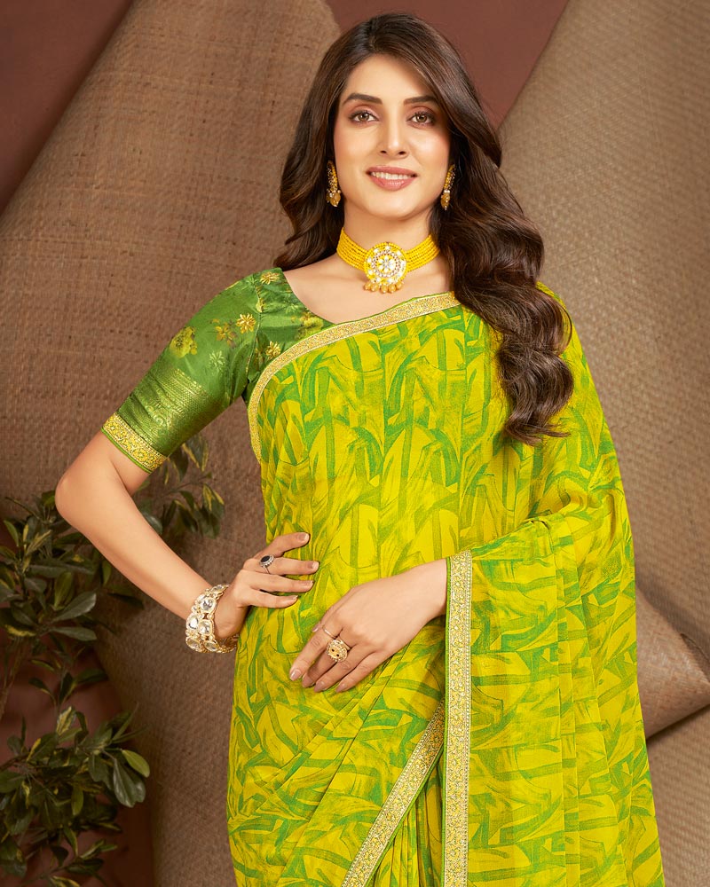 Vishal Prints Olive Yellow Printed Georgette Saree With Zari Border