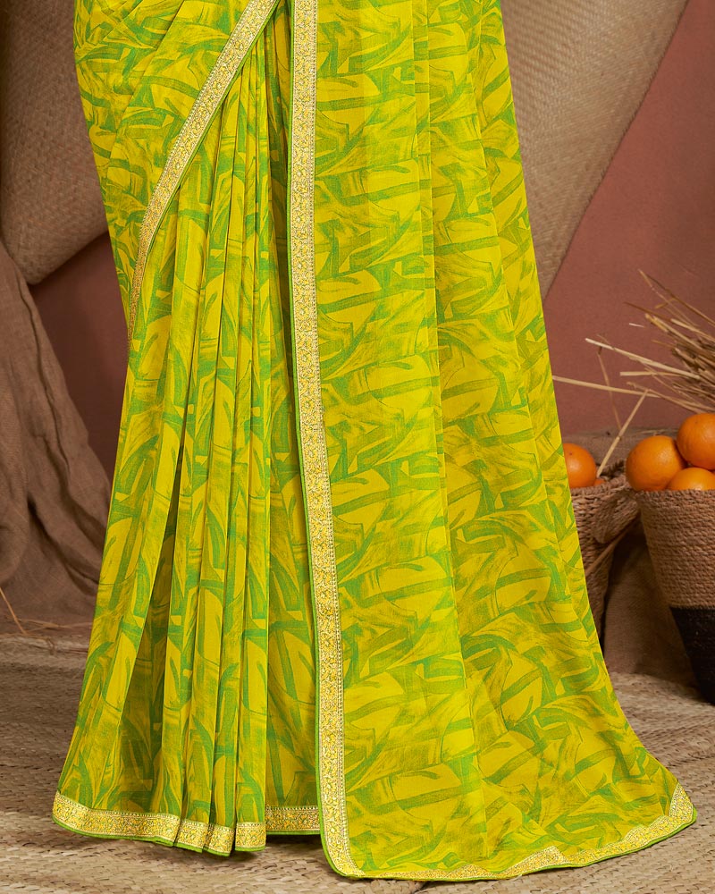 Vishal Prints Olive Yellow Printed Georgette Saree With Zari Border