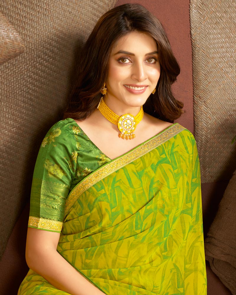 Vishal Prints Olive Yellow Printed Georgette Saree With Zari Border