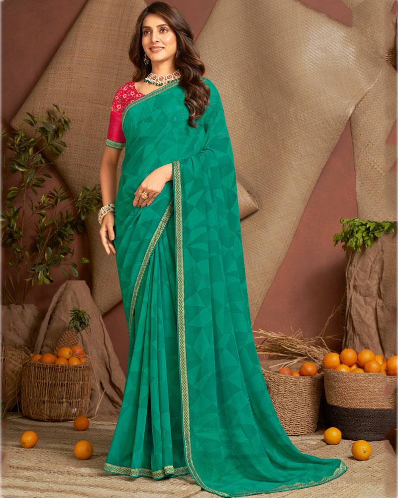 Vishal Prints Deep Sea Green Printed Georgette Saree With Zari Border