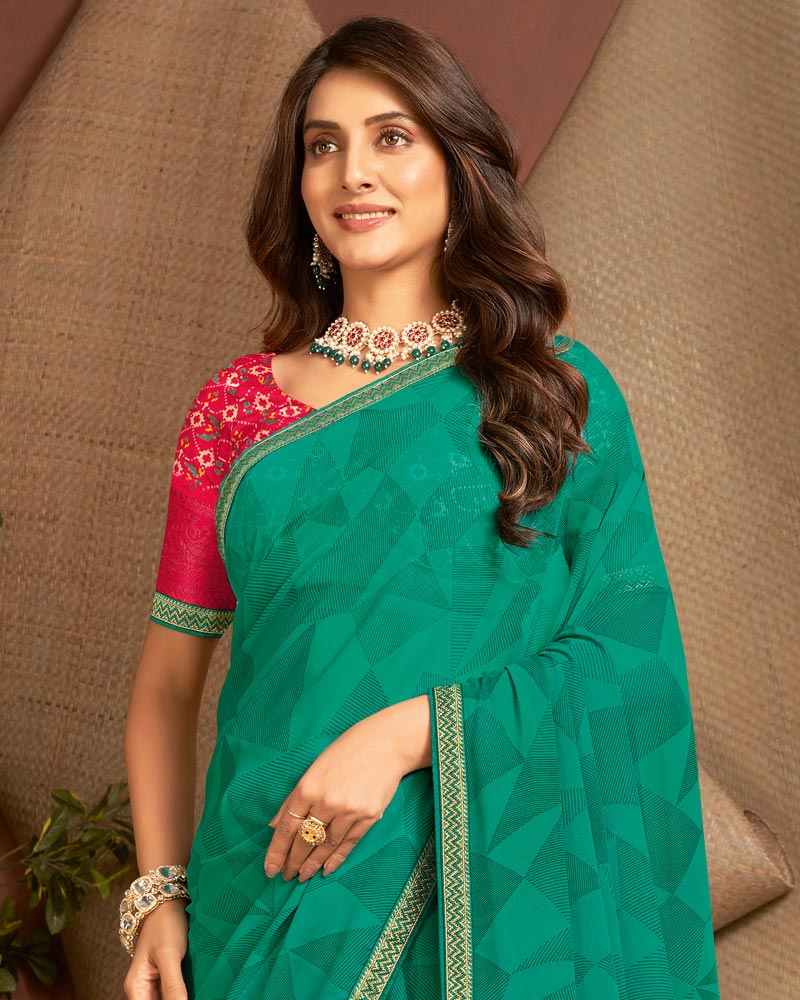 Vishal Prints Deep Sea Green Printed Georgette Saree With Zari Border
