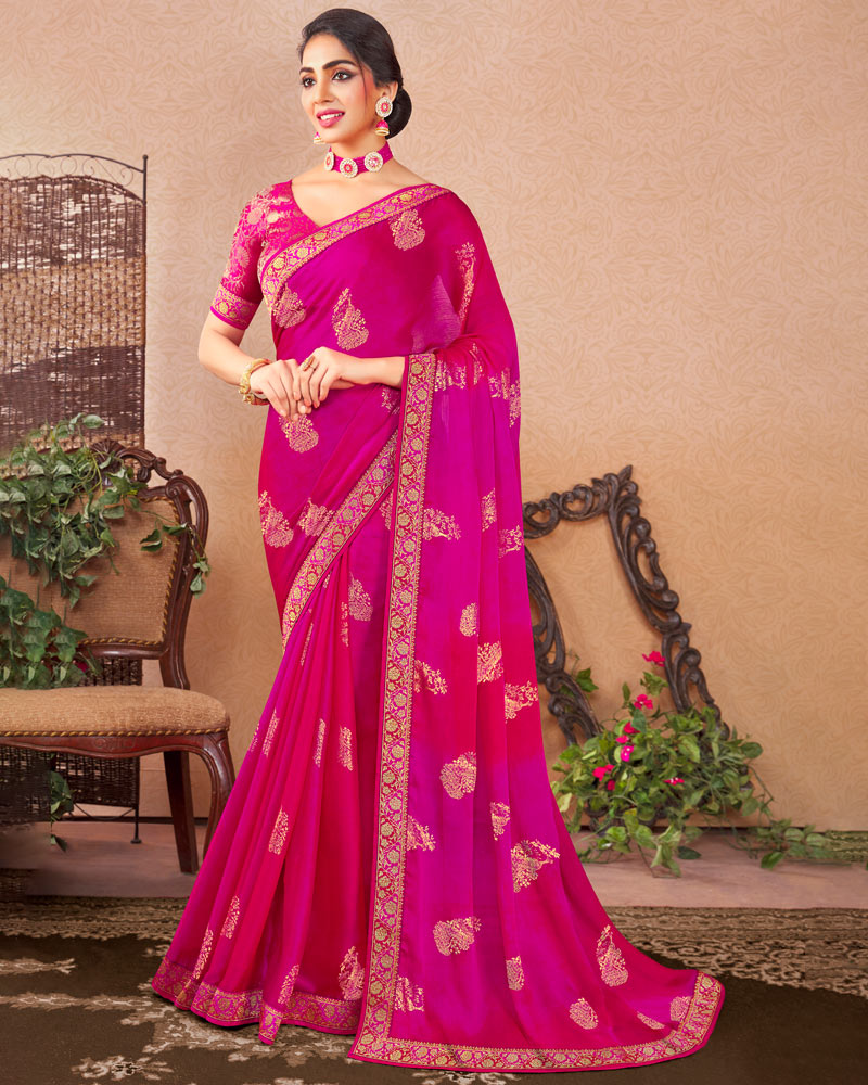 Vishal Prints Hot Pink Chiffon Saree With Foil Print And Zari Border