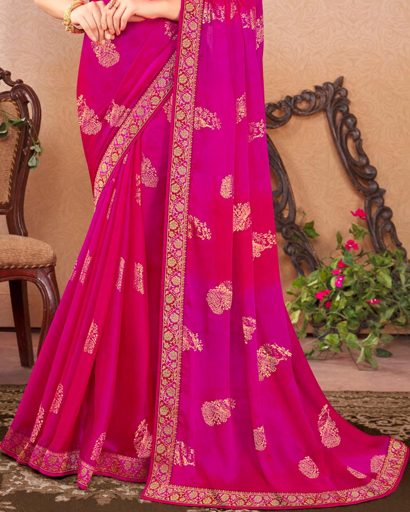 Vishal Prints Hot Pink Chiffon Saree With Foil Print And Zari Border