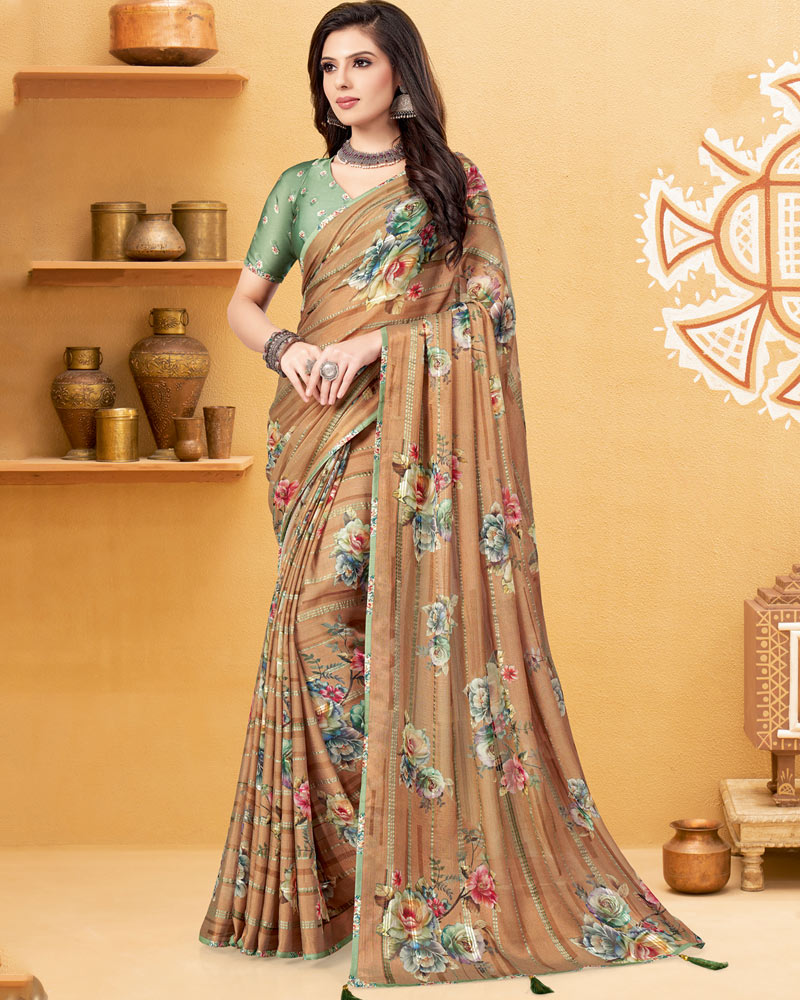 Vishal Prints Light Brown Digital Print Fancy Chiffon Saree With Tassel