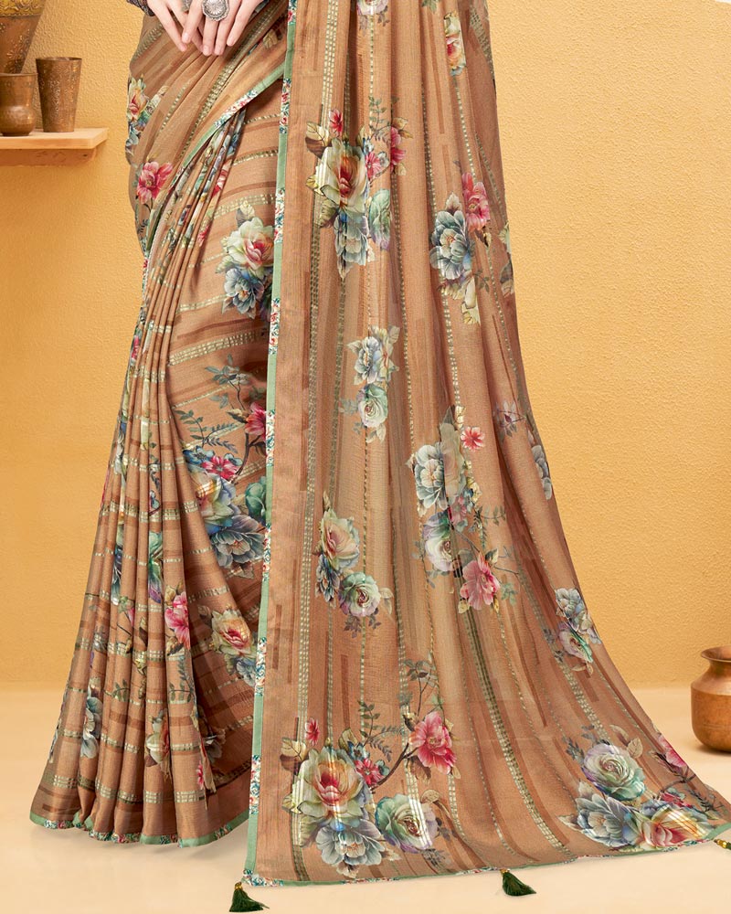 Vishal Prints Light Brown Digital Print Fancy Chiffon Saree With Tassel