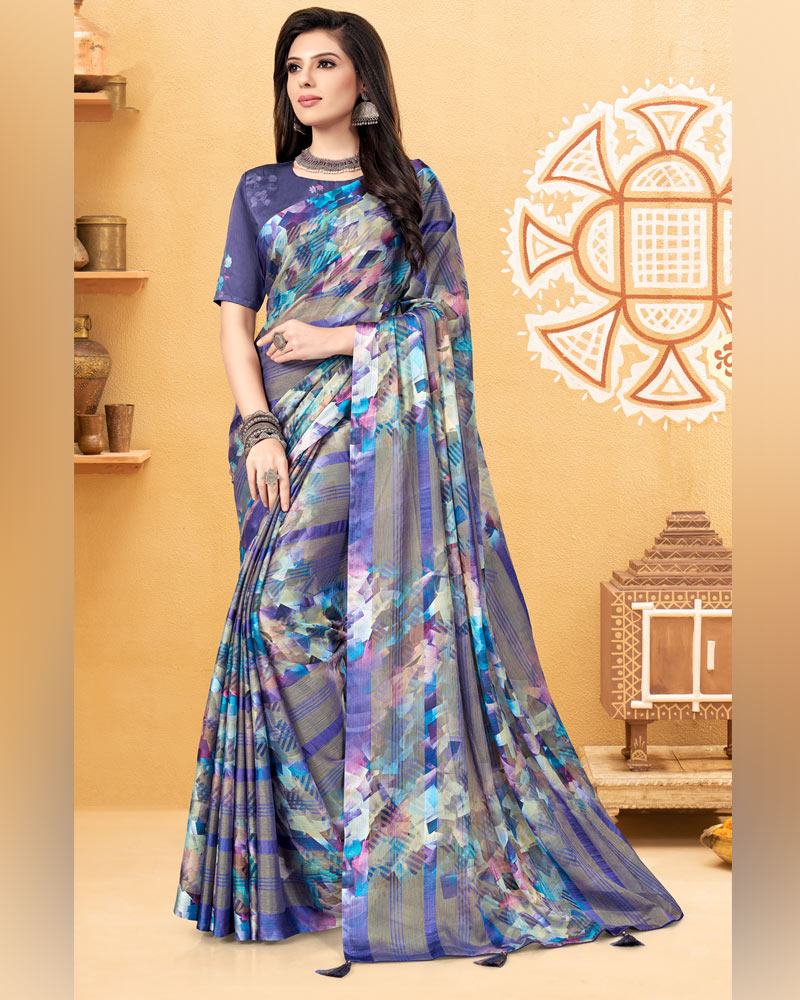 Vishal Prints Multi Color Digital Print Fancy Chiffon Saree With Tassel